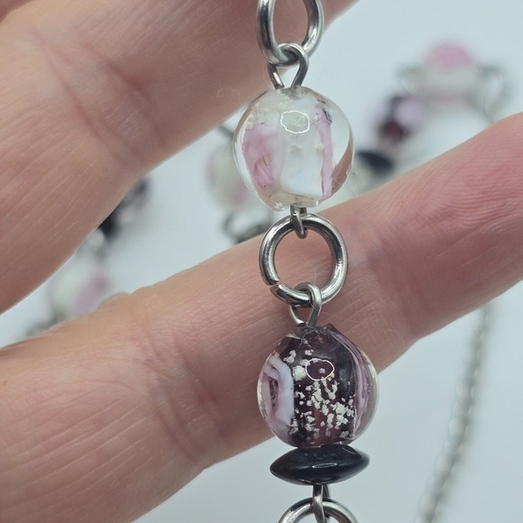 Handmade Geometric Beaded Necklace Silver Tone Square Links Boho Artsy - Picture 6 of 9